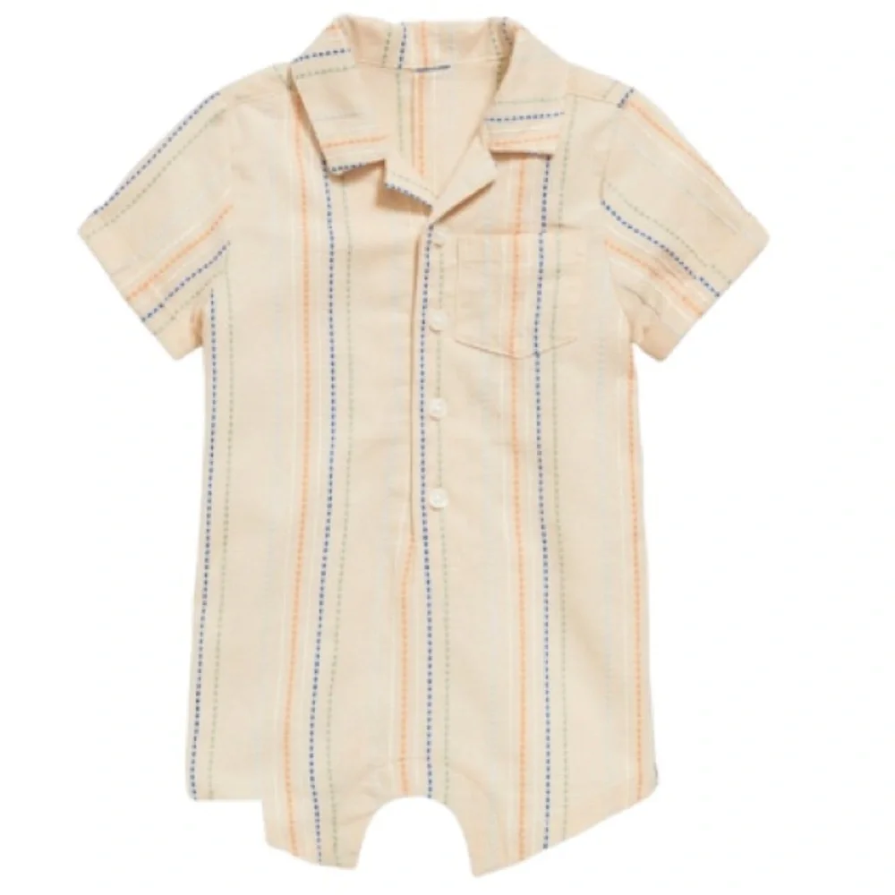 Old Navy peach embroidered texture striped Dobby pocket baby romper size 12-18M